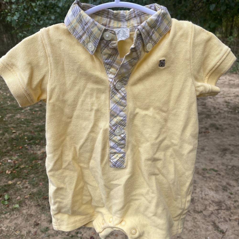 Baby Boy Yellow Romper with Plaid Collar, 0-3mo